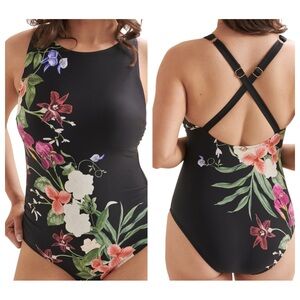 Jantzen Layla Cross Back High-Neck One-Piece Size 14 Black Floral